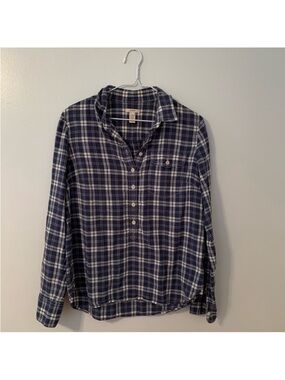 J. Crew Navy and White Plaid Button-Up Blouse